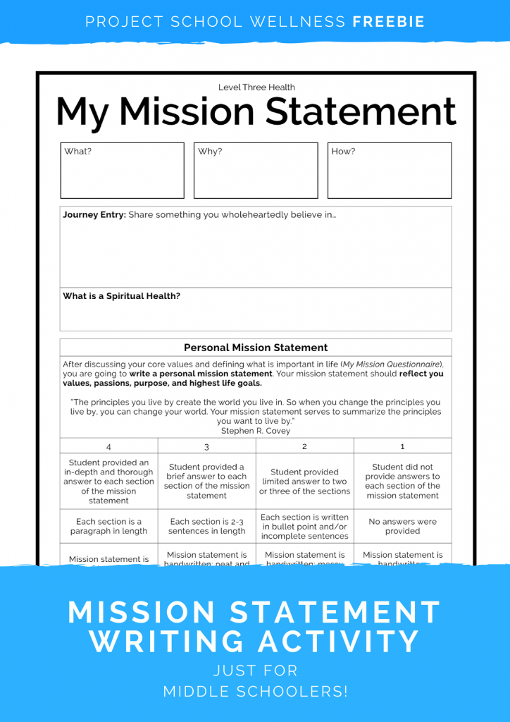 Mission Statement Writing Activity - Free middle school lesson plans for Project School Wellness Members
