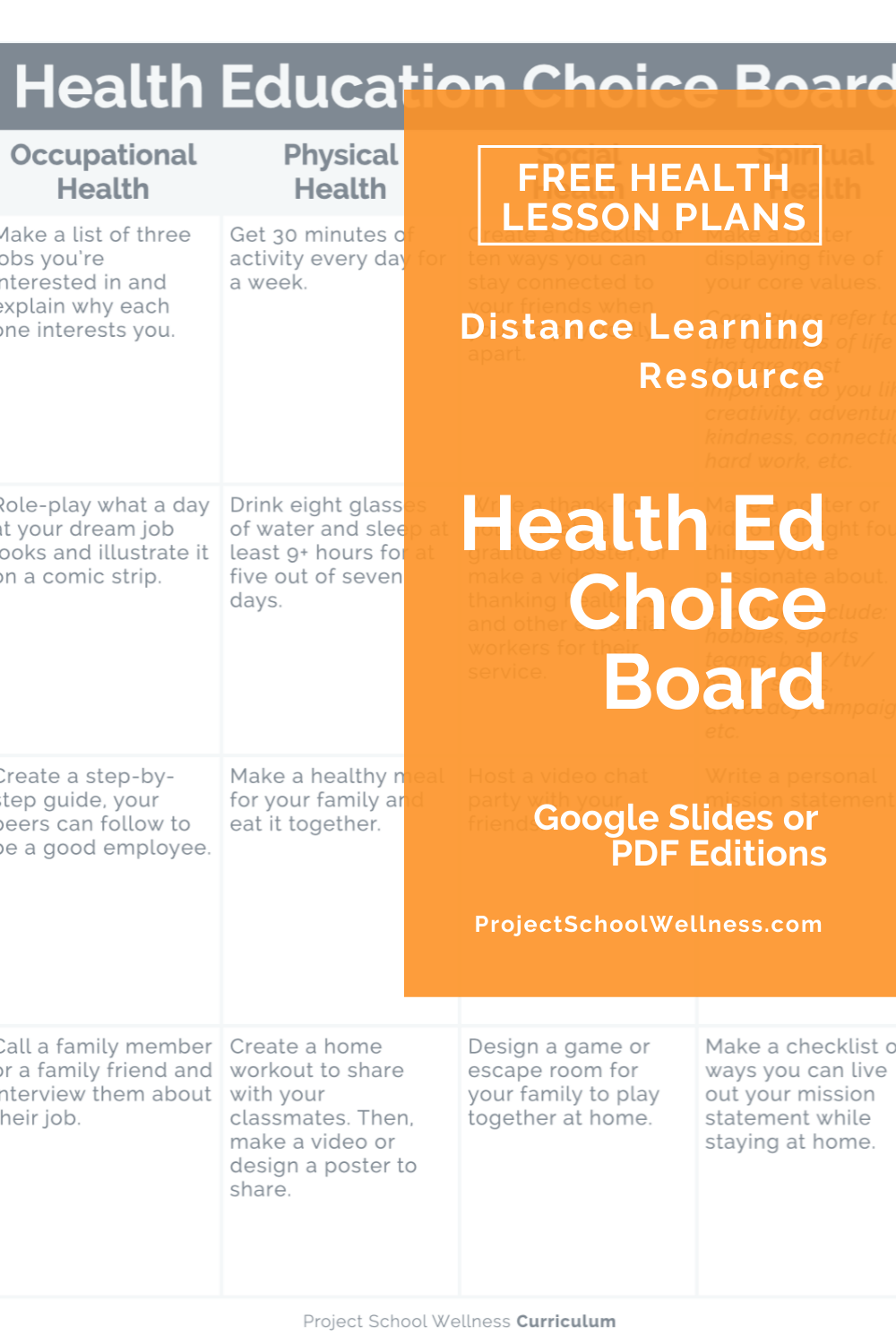 Free Health Lesson Plan - Health Education Choice Board - Digital Learning Resource - Google Classroom resource with Google Slides and PDF worksheets - Project School Wellness Free Health Lesson Plan - Health Education Choice Board - Digital Learning Resource - Google Classroom resource with Google Slides and PDF worksheets - Project School Wellness