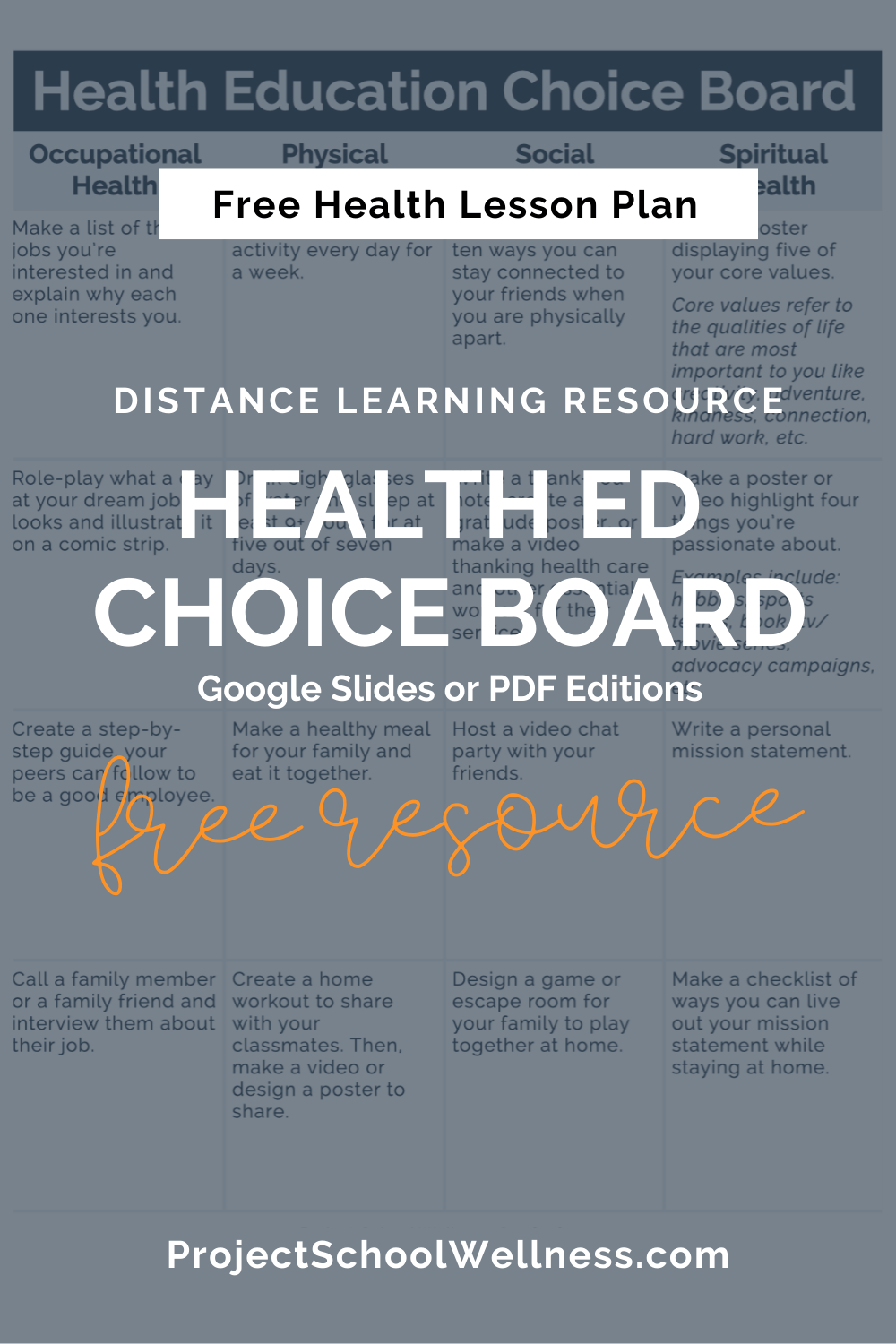 Free Health Lesson Plan - Health Education Choice Board - Digital Learning Resource - Google Classroom resource with Google Slides and PDF worksheets - Project School Wellness Free Health Lesson Plan - Health Education Choice Board - Digital Learning Resource - Google Classroom resource with Google Slides and PDF worksheets - Project School Wellness