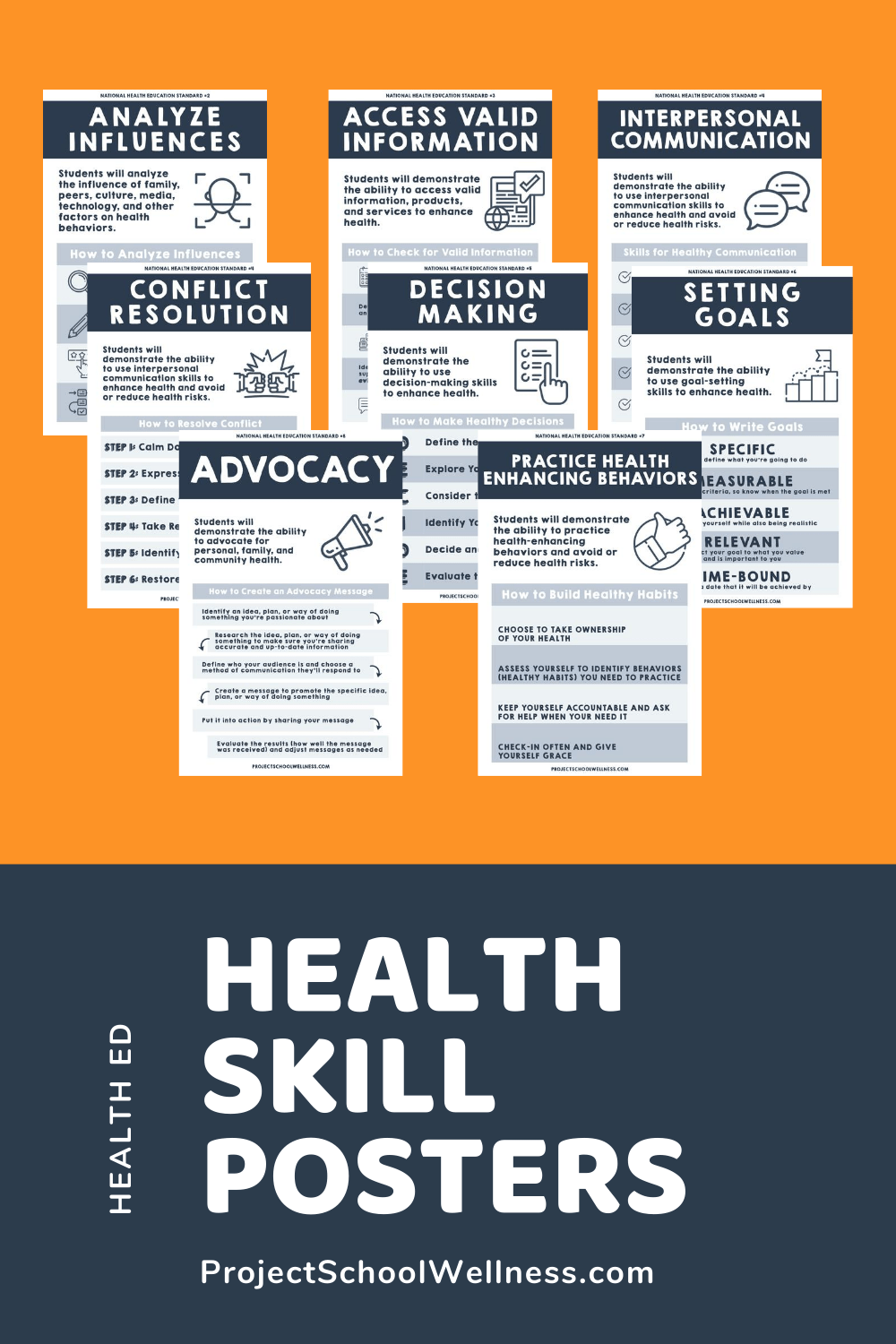 Health Skill Posters - Analyzing Influences, Access Valid Information, Interpersonal Communication, Decision Making, Goal Setting, Practice Health Enhancing Behaviors, and Advocacy Health Skill Posters - Analyzing Influences, Access Valid Information, Interpersonal Communication, Decision Making, Goal Setting, Practice Health Enhancing Behaviors, and Advocacy